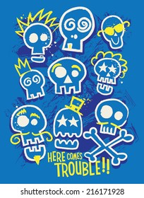 Sketchy Skull Boys Tshirt Print - Here Comes Trouble!!