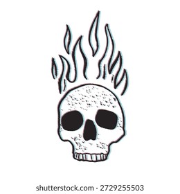 Crânio irregular com chamas de fogo irrompendo do topo. Gótico, punk rock estético com um efeito de falha 3d estilizado.