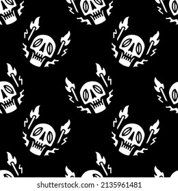 Sketchy skull and fire on black background seamless pattern. Modern vintage, pop art style seamless pattern concept.