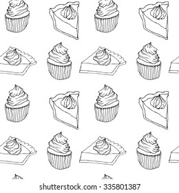 Sketchy slices  of pumpkin pie and muffins isolated on white . Seamless pattern can be used in web design, textile industry, wrapping paper. Endless texture. Sketchy freehand illustration.