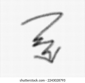 Sketchy sloppy halftone dotted down arrow with swirl. Vector.