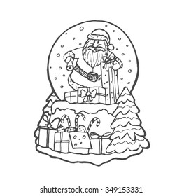 Sketchy snow globe with Santa Claus on white background. Vector illustration.