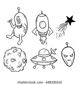 sketchy of space elements with rocket, ufo, alien and star