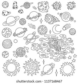 Sketchy space objects. Hand drawn solar system with sun, planets, asteroids and other outer space objects. Hand drawn doodles style. Vector illustration.