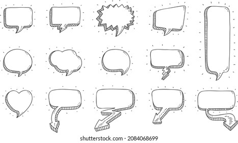  Skizzenhafte Sprachblasen mit Pfeilrichtungen - skizzenhafter Vektorsatz. Skizzenhafte Sprachblasen mit Pfeilen. Mit Herz, Rechteck, Wolke, Kreis, Quadrat und Oval Formen. 