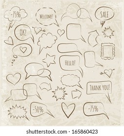 Sketchy speech bubbles in vintage style. Vector illustration. 