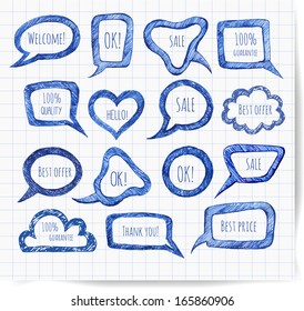 Sketchy speech and thought bubbles hand-drawn with pen. Vector illustration. 