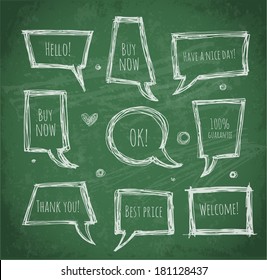 Sketchy speech and thought bubbles hand-drawn on blackboard. Vector illustration.