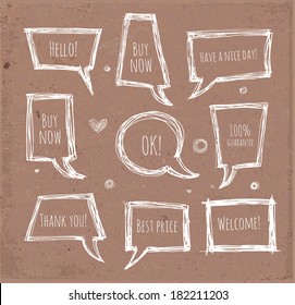 Sketchy speech and thought bubbles hand-drawn on brown paper. Vector illustration. 