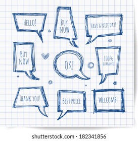 Sketchy speech and thought bubbles hand-drawn with pen. Vector illustration. 