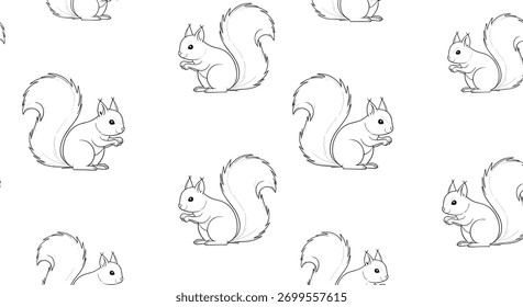 Sketchy squirrels are sitting attentively in a simple black and white line art seamless pattern perfect for woodland-themed designs.