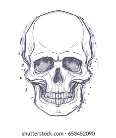 Sketchy style drawing of human skull, human head, isolated on white. Tattoo design element. Vector illustration. Religion, death, occultism, calavera symbol, alchemy magic.
