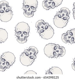 Sketchy style drawing of human skull, human head, seamless pattern. Tattoo design element. Vector illustration. Religion, death, occultism, calavera symbol, alchemy magic. 