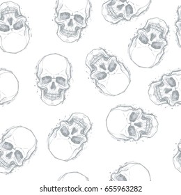 Sketchy style drawing of human skull, human head, seamless pattern. Tattoo design element. Vector illustration. Religion, death, occultism symbol, alchemy magic. 