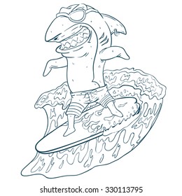 Sketchy Style Funny Surfing Shark With Glasses On Surfboard And Wave