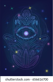 Sketchy style hand drawn Buddha hand (Fatima hand or Hamsa hand) vector with open all seeing eye of providence inside on shiny mystic galaxy background with glowing stars in deep cosmic night space.