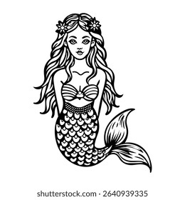 A sketchy style icon of a beautiful mermaid