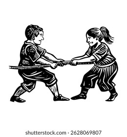 A sketchy style icon showing kids playing tug of war game