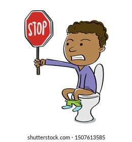 Sketchy style vector illustration of a boy sitting on the toilet and protecing his privacy by holding up a stop sign