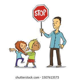 Sketchy style vector illustration of an educator stopping kids to fight each other