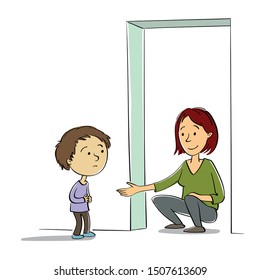 Sketchy style vector illustration of a female educator gently welcoming a shy kid