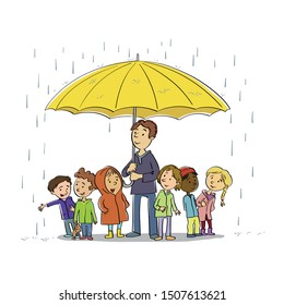 Sketchy style vector illustration of a teacher protecting kids from the rain by holding a huge umbrella over them