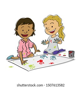 Sketchy style vector illustration of two girls making hand prints on a big piece of paper