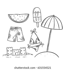 sketchy summer collection with umbrella, ice cream and bikini