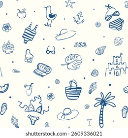 Sketchy summer line art seamless pattern with beach and vacation hand drawn doodle elements. Vector design for print, fabric, wallpaper or wrapping paper.