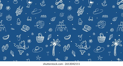 Sketchy summer line art seamless pattern with beach and vacation hand drawn doodle elements on blue background. Vector design for print, fabric, wallpaper or wrapping paper.