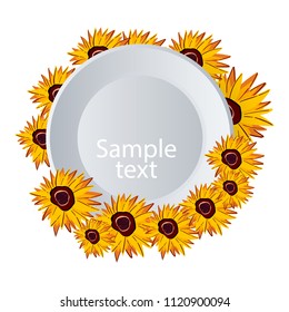 Sketchy sunflowers background, vector greeting card with copy space. sunflower wreath illustration isolated on white. Vector illustration