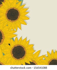 Sketchy sunflowers background, vector greeting card with copy space