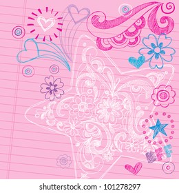 Sketchy Swirly Star Notebook Doodles - Hand-Drawn Back to School Design Elements Vector Illustration on Lined Sketchbook Paper Background