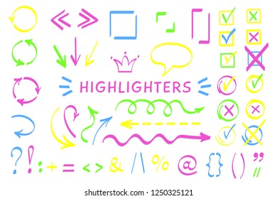 Sketchy symbol highlight pen set vector illustration. Collection of arrows, checkboxes and highlight decorative elements in neon color with felt pen style symbols for hand drawn office planning design