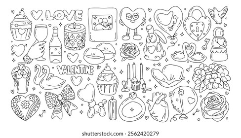 Sketchy thin lined hand drawn doodles cartoon big set of Love and Valentine s Day objects and symbols Vector romantic illustration