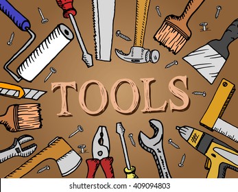 Sketchy tools set on brown background. Vector illustration. Free hand drawn.