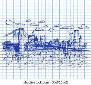 Sketchy town on copybook background. Free hand drawn. Vector illustration.