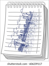 Sketchy town on notebook background. Free hand drawn. Vector illustration.