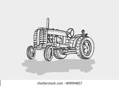 Sketchy tractor on white background. Vector illustration. Free hand drawn.