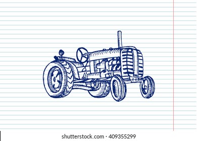 Sketchy tractor oncopybook background. Vector illustration. Free hand drawn.