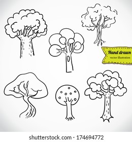 Sketchy tree set isolated, vector illustration hand drawn