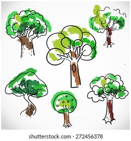Sketchy tree set isolated, vector illustration hand drawn.