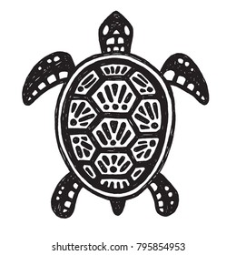 Sketchy tribal drawing of a sea turtle. Black and white vector illustration. 