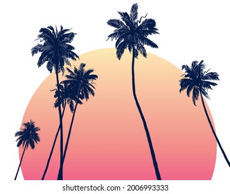 Sketchy tropical illustration of palm trees silhouettes at sunset. Hand-drawn rough texture. Vector background.