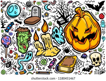 Sketchy vector hand drawn Doodle cartoon set of objects and symbols on the Halloween theme