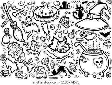 Sketchy vector hand drawn Doodle cartoon set of objects and symbols on the Halloween theme. Coloring page