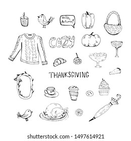 Sketchy vector hand drawn Doodle cartoon set of objects and symbols on the Thanksgiving autumn theme.Cozy autumn, scandinavian.Funny, cute, hugge, hand drawn illustration for poster, banner, print