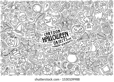 Sketchy vector hand drawn doodle cartoon set of Halloween theme items, objects and symbols