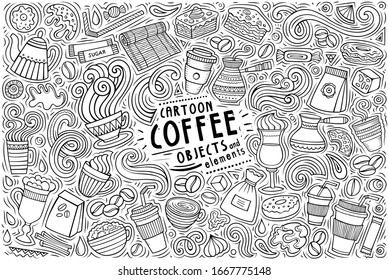 Sketchy vector hand drawn doodle cartoon set of Coffee theme items, objects and symbols