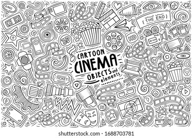 Dibujo gráfico de doodle dibujado a mano dibujado en un esqueleto de temas, objetos y símbolos del cine